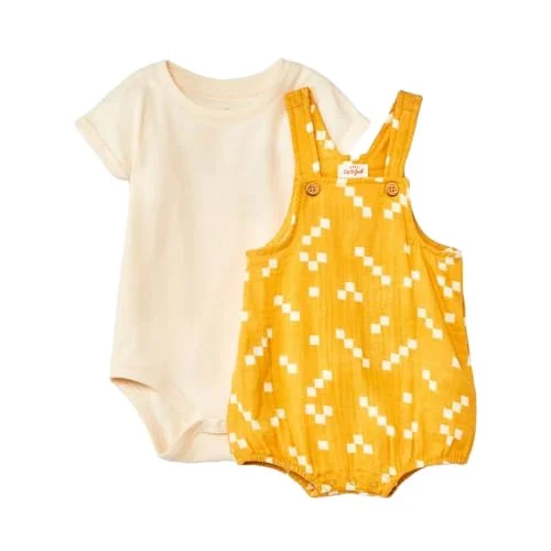 Cat & Jack Babys' Gauze Shortalls Top & Bottom Set- (Ivory yellow, Newborn)
